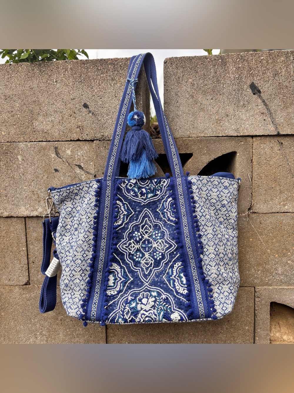 NEW America And Beyond Blue Patterned Tribal Beaded Large Shoulder Bag Boho NWOT